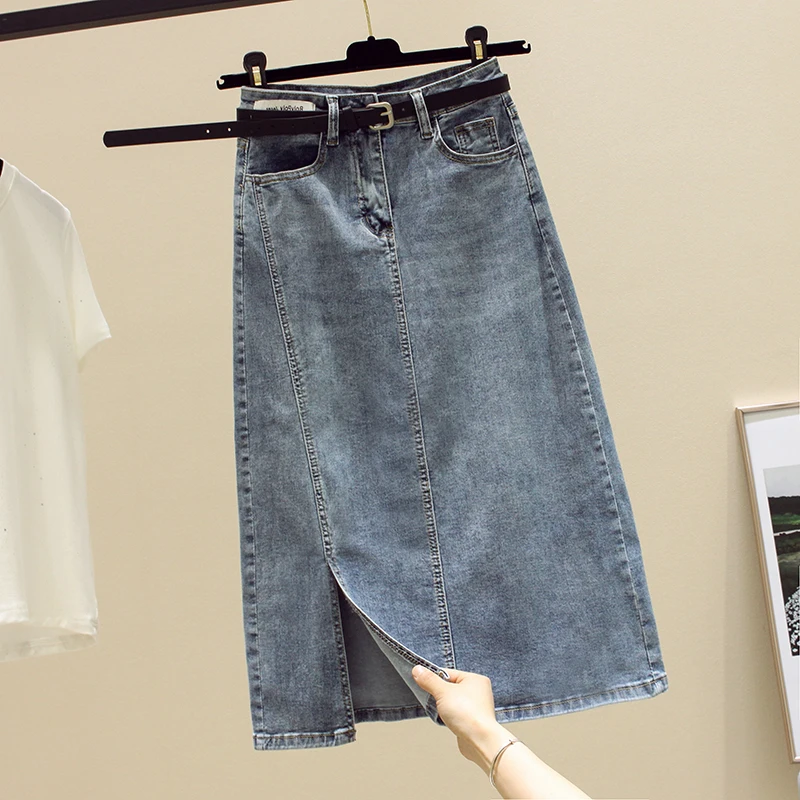 

Женская джинсовая юбка Slim Fit с высокой талией, весна-лето, тонкая, с разрезом, в корейском стиле, для повседневной носки, А-силуэт, средней длины