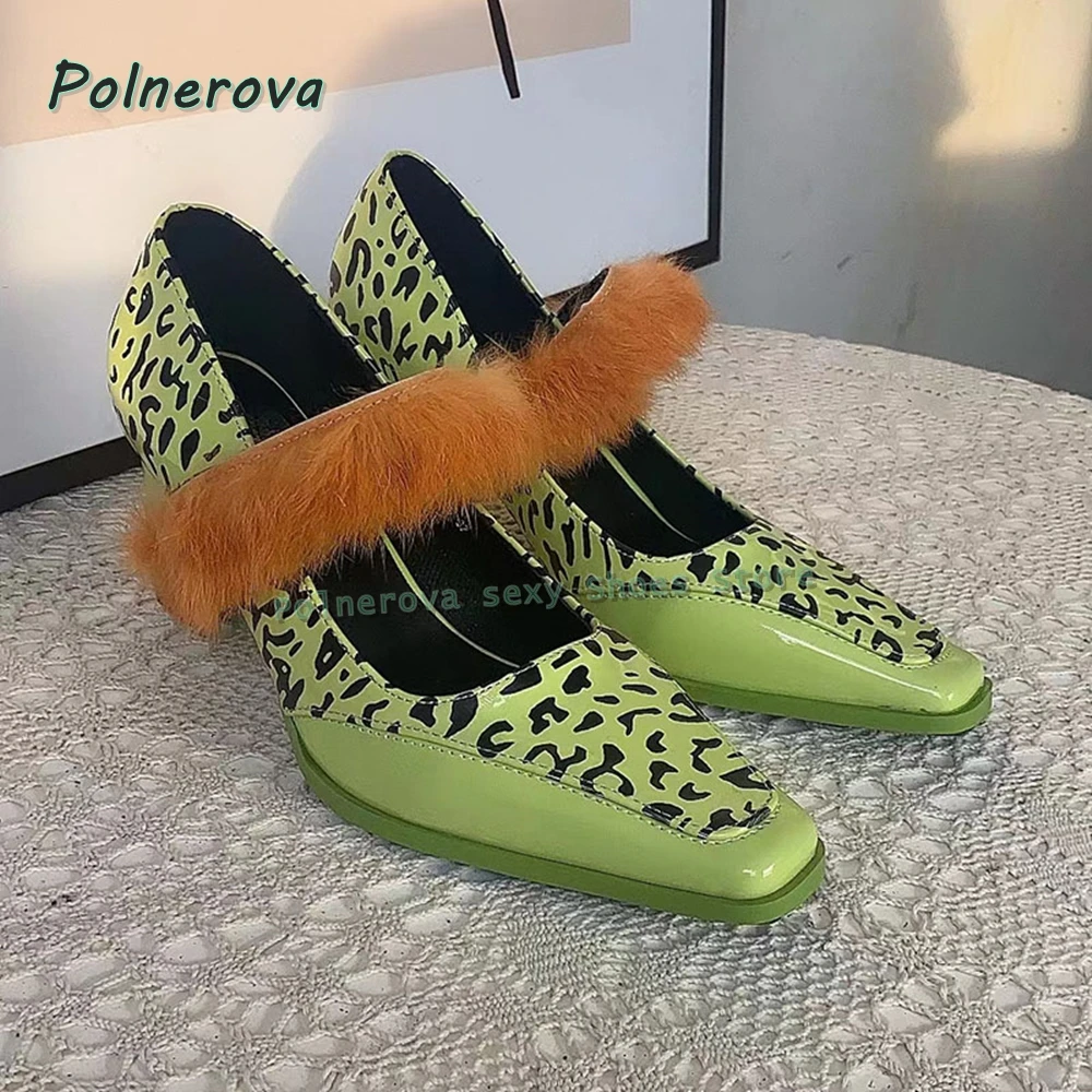 

Leopard Faux Fur Shallow Pumps Hook and Loop Square Toe Block Heels Cut Out Lady Fashion Mary Janes 2025 Newest British Style