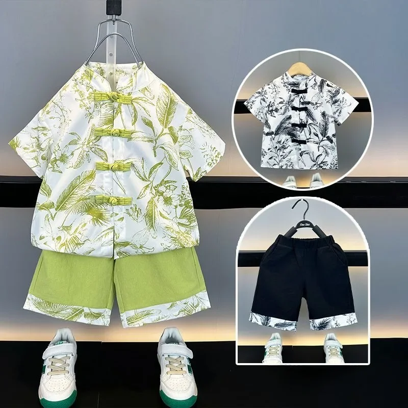 Summer Fashion Green Black Tang Suit for Boys Casual Children's Clothing Ethnic Style Feather Printed Short Sleeve Top Pants