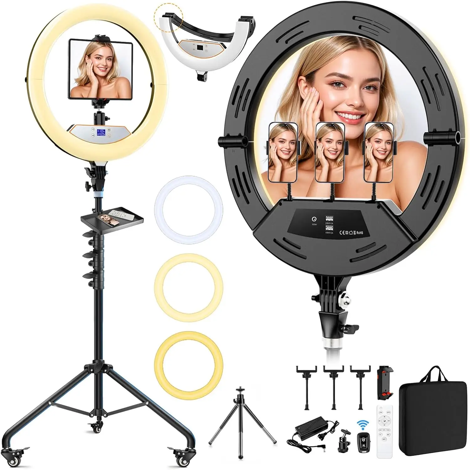 

18" Foldable LED Ring Light with 75" Tripod & Wheels for Live Streaming, Makeup, Tattoo, Photography