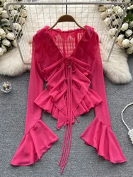 Women Spring Blouse Irregular Flared Sleeve Chiffon Shirt with A New Style of Ruffle V-neck Lace-up Sunscreen Top D3213