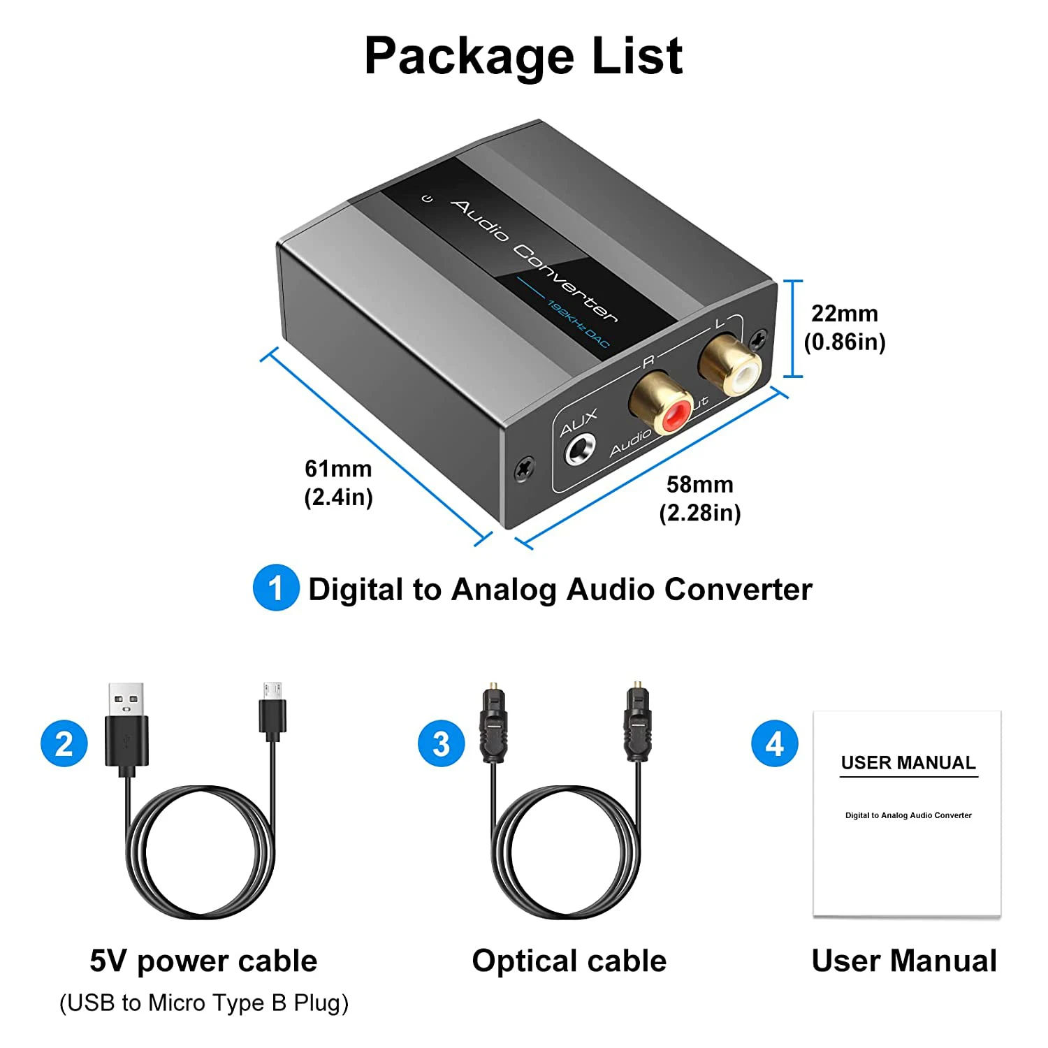 Convertidor óptico a RCA, convertidor de Audio Digital a analógico, adaptador Coaxial a RCA, AUX de 3,5mm con Cable óptico YDH