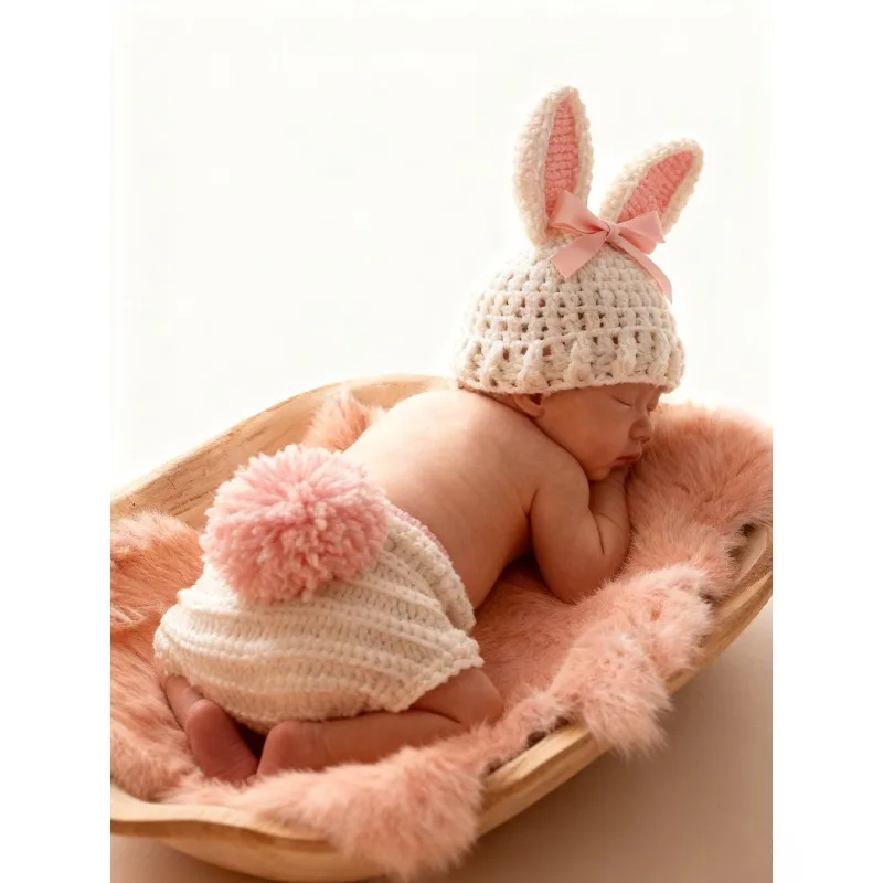 Newborn Baby Photoshoot Props, Handmade Knitted Bunny Costume & Rabbit Fur Blanket 3pcs Set, Easter Photography Outfit for Baby