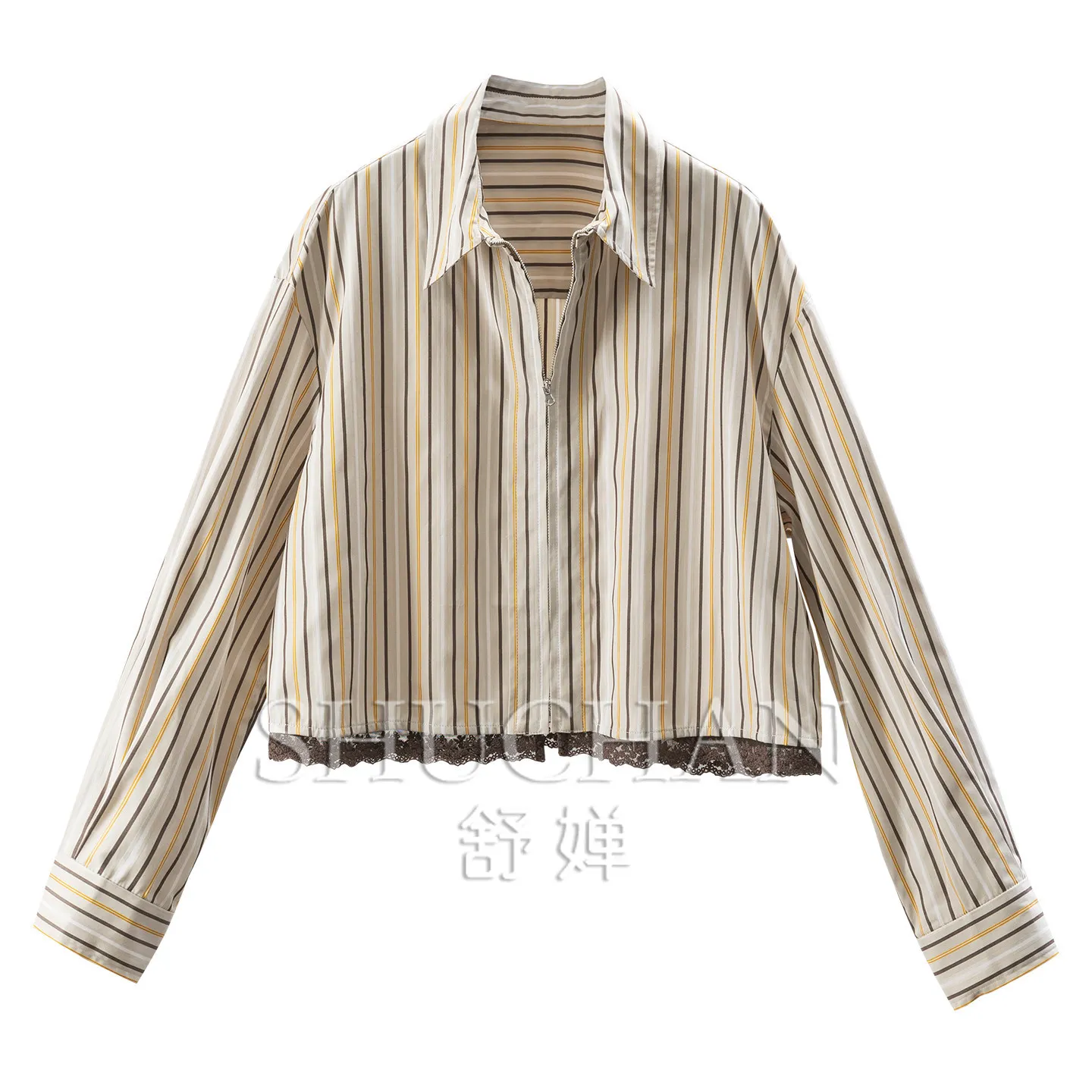 Fashionable and Non-collision Style, French G Design Sense Lace Lace Plaid 100 Cotton Shirt Jacket Women 59W9