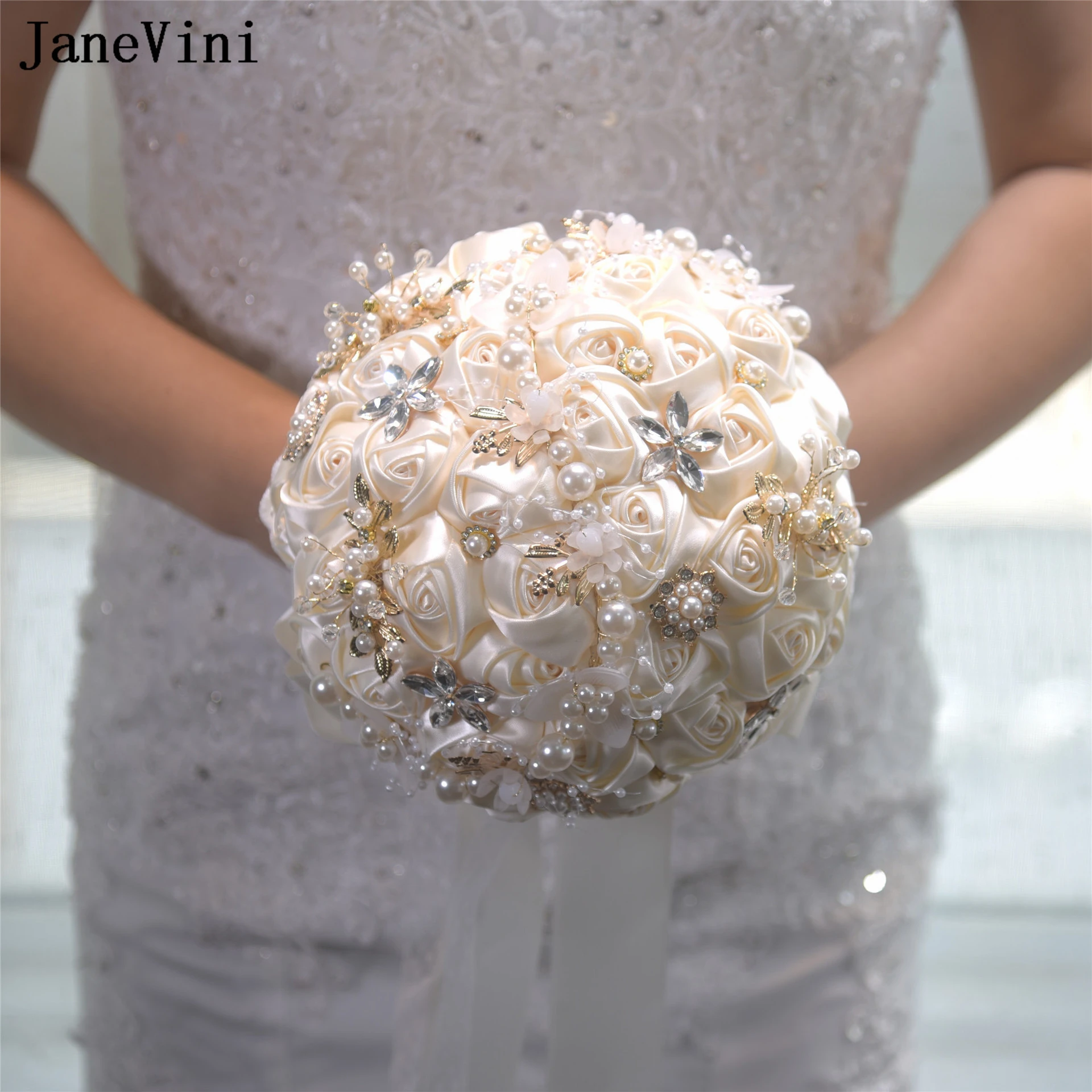 

JaneVini Luxury Crystal Pearls Bridal Bouquets for Wedding Ivory Ribbon Flowers Artificial Satin Roses 18cm Bridesmaids Bouquet