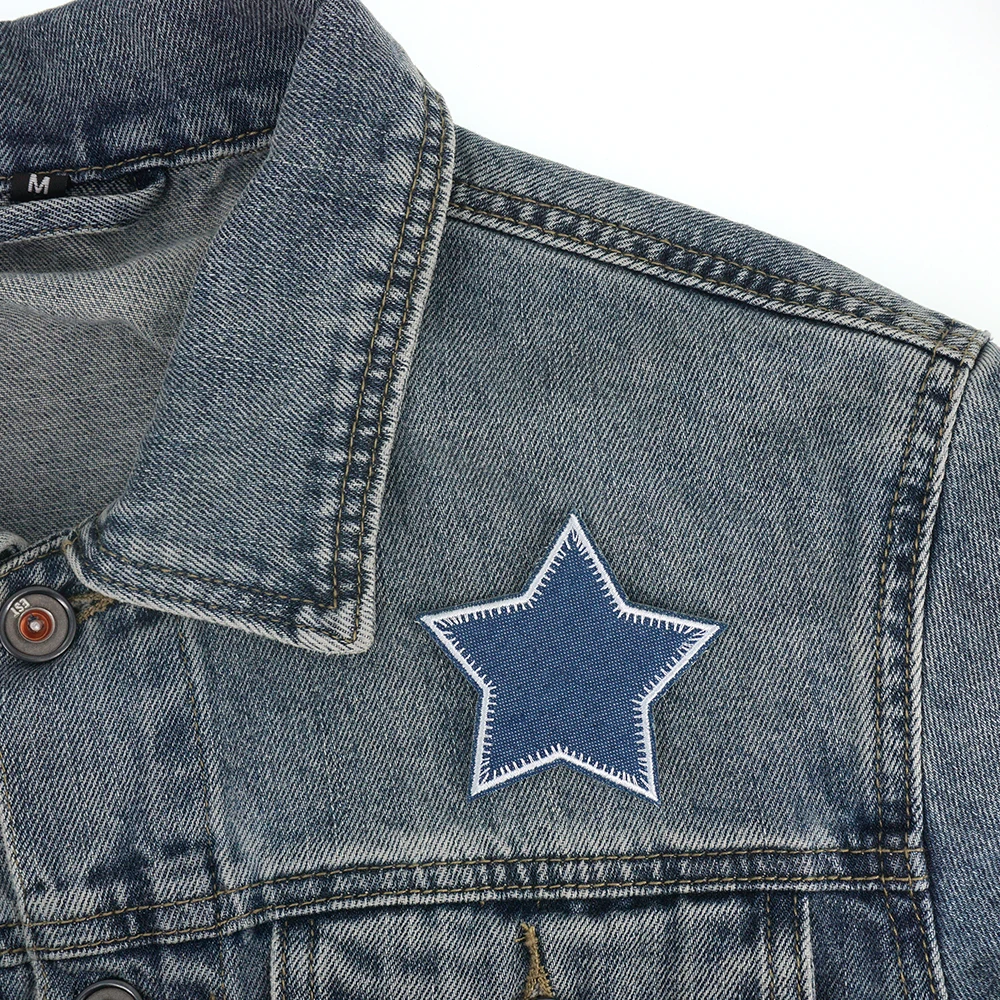 1 Piece Blue Jeans Star Patch Iron on Embroidered  Applique for Clothes Backpack