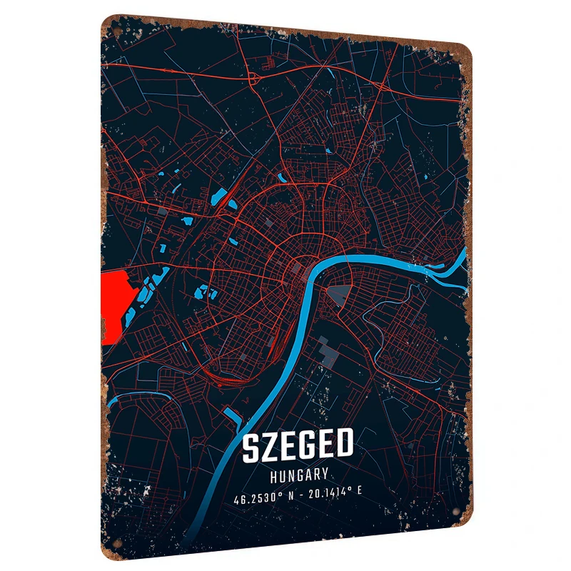 Szeged Hungary City Map Metal Wall Art Modern Home Decor Danube River Urban Poster Mural