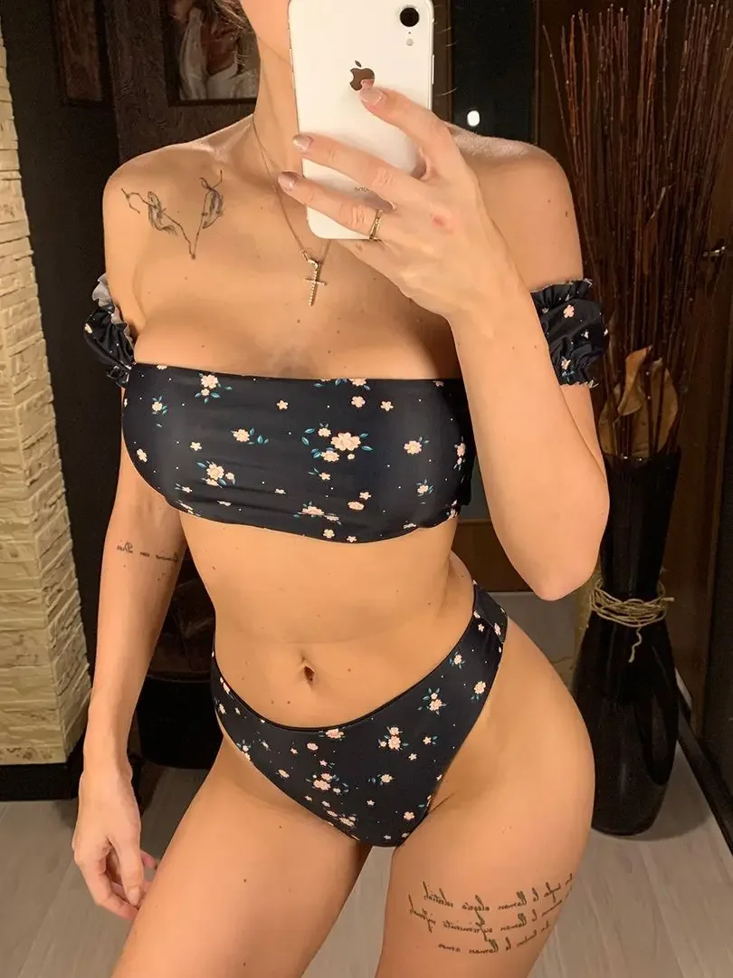 2025 꽃 오프 어깨 비키니 여성 수영복 여성 수영복 2 피스 비키니 세트 중반 허리 Bather 수영복 수영 V1671