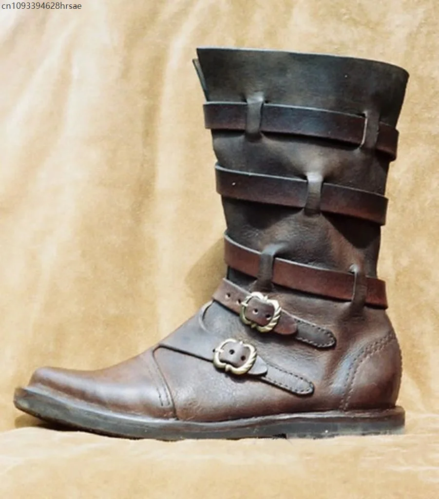 Vintage Multi Buckle Leather Mid Calf Boots Men Gothic Medieval Combat Motorcycle Riding Boots Cosplay Round Toe Low Heel Shoes