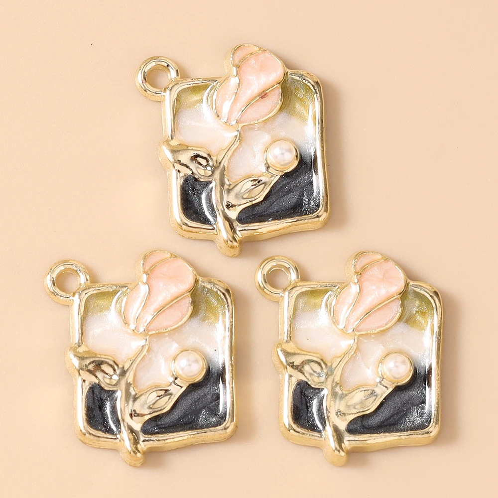 Leslie 10 Stück Retro Goldfarbene Ölgemälde-Perlenblumen-Anhänger für DIY Ohrringe, Halsketten, Handgemachter Schmuckherstellung – Detail 20