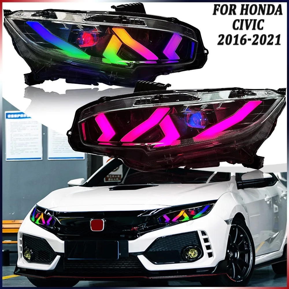 

1 пара светодиодных фар RGB в сборе для Honda Civic 10-го поколения 2016-2021, передние фары в сборе, комплекты DRL, аксессуары для фар