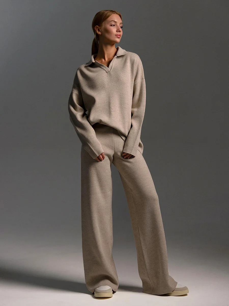 Autumn Elegant Women's Polo Sweater Knitted Wide Leg Pant Suits 2 Piece Sets Trousers Outfit Ensembles Pulls Pants Matching Set