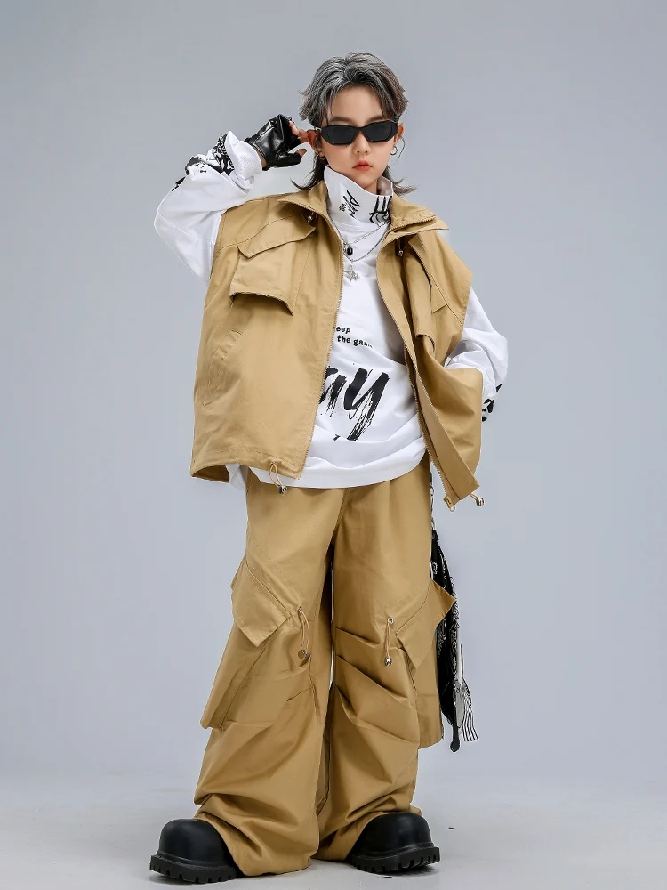 Ubrania do hiphopu i street dance dla dzieci, khaki kamizelka, spodnie, luźny strój, odzież do poppin, jazzowych kostiumów tanecznych, stroje sceniczne BL17338