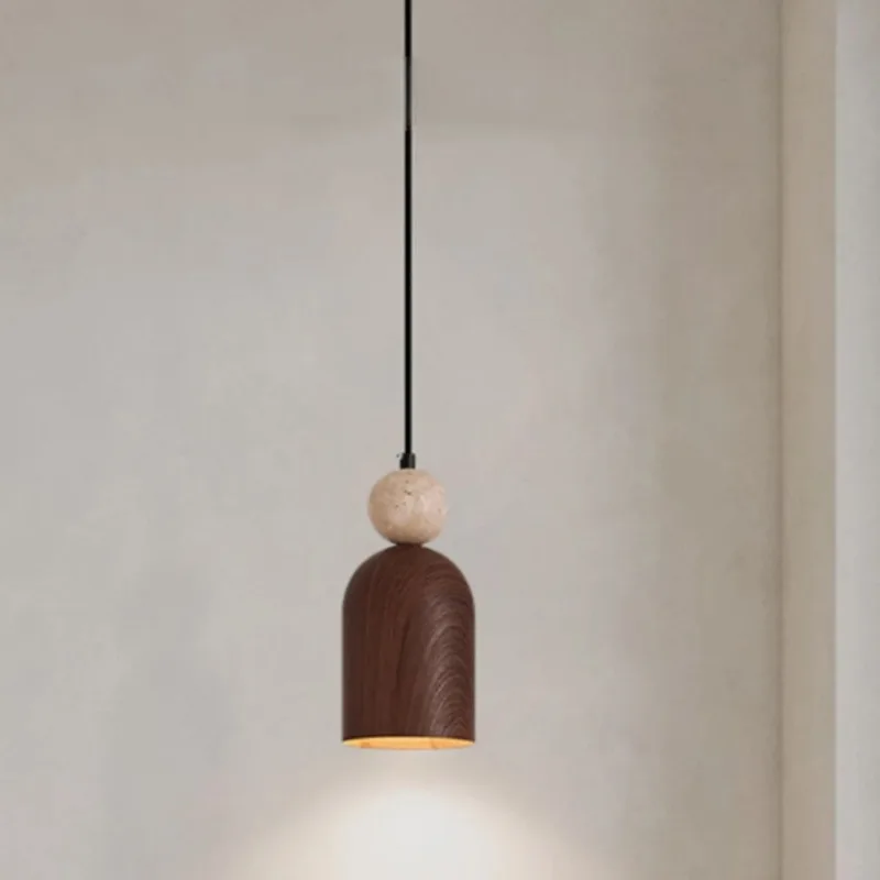 Retro Yellow Cave Stone Ball Walnut Small Pendant Chandelier Bedside Bedroom Quiet Elegant Hanging Lamp Fixture