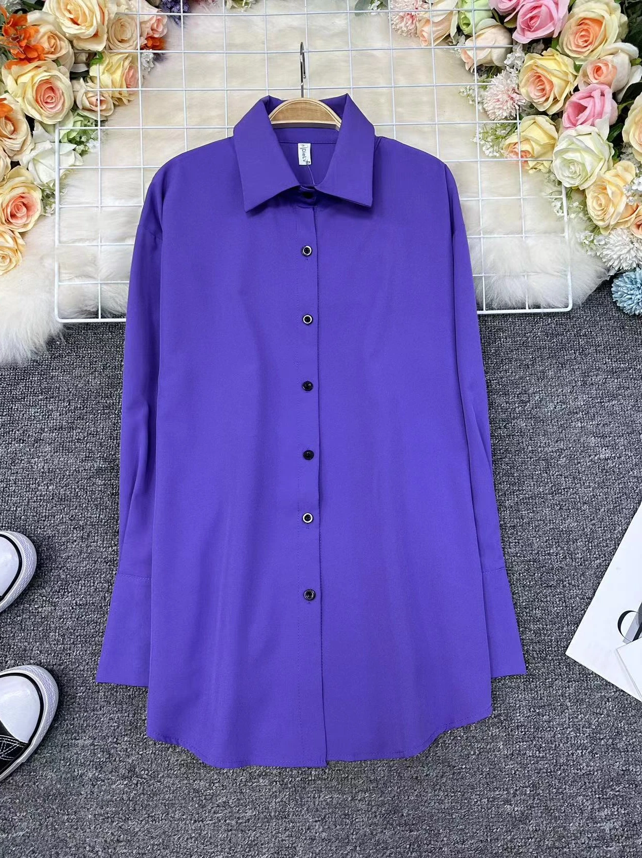 

Loose Long Sleeve Purple Shirt Women's Chic Base Layer Button down Elegant Korean Style Collar Regular Length Straight Cut