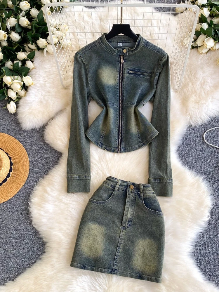 Vintage denim two-piece set women's zipper slim fit long sleeved jacket+high waisted A-line short skirt slimming commute set
