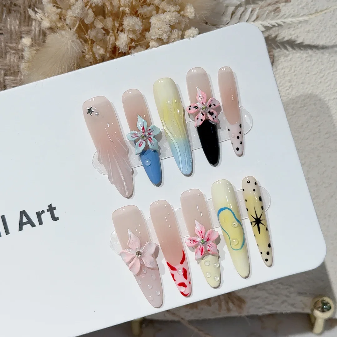 

10pcs Handmade Long Tip French Press On Nails Summer Beach 3D Carving Flowers Waves Design Fake Nails Wearable Nails Art Tip