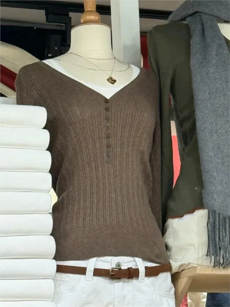 V-neck Knit Buttons T-shirts Women Spring Casual Streetwear Cotton Slim Long Sleeve Tees Sweet Cute Preppy Style T Shirt Y2K