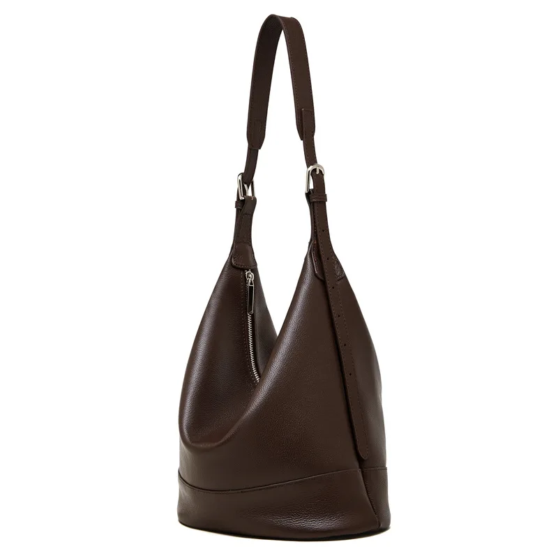 

Retro Large Genuine Leather Shoulder Bag Women's Niche Design Bucket Commuter Underarm Bag Casual Style City Lady Work Handbags
