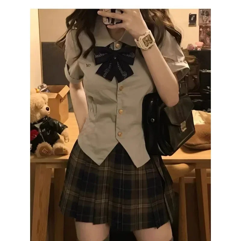 2025 new Korean School Uniform Plus Size XL Summer Japanese Fashion Lapel Bow Short Top Plaid Pleated Skirt Jk Suit 2pcs Women