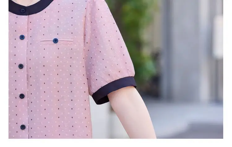 Camisa de manga corta de lunares de colores contrastantes, cárdigan versátil holgado y adelgazante que reduce la edad, Top de moda