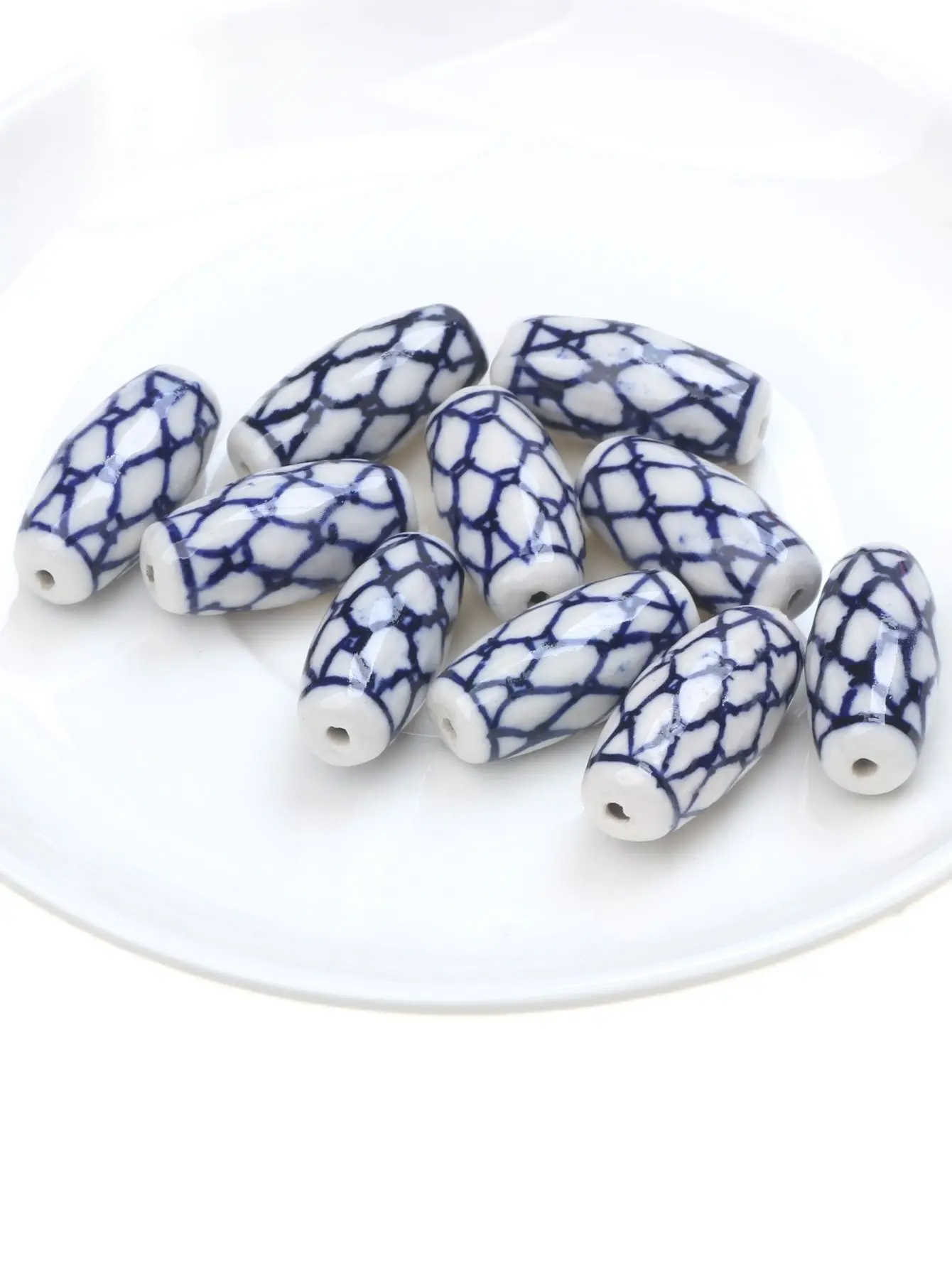 4pcs/Lot 23MM Grid Elliptical Shape Blue And White Porcelain Ceramic Beads For Jewelry Making DIY Bracelet Necklace Earrings