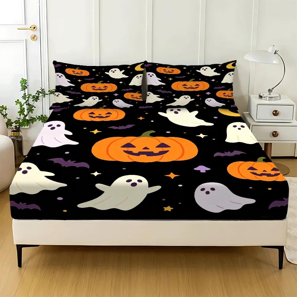 Halloween Three-Piece Classic Solid Color 2D Printed Bedding Set, Mattress Protector, Fitted Sheet with Elastic Band, Protective Cover, 2D Flat Printing, Mattress Protector, Pumpkin Ghost Design, Suitable for All Seasons, Machine Washable, Holiday Decoration, Various Sizes, Breathable Protective Cover with Pillowcase
