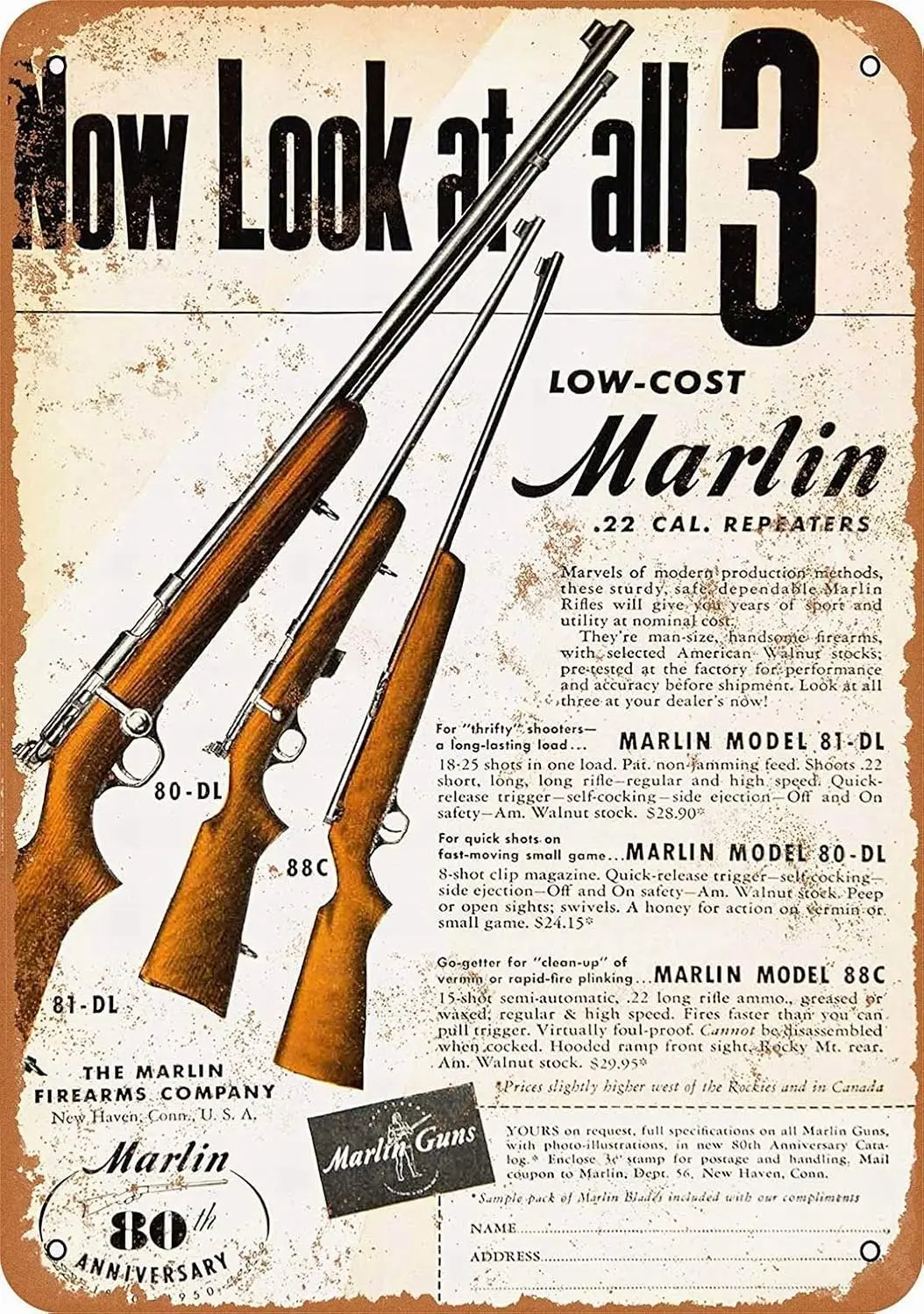 Y1,Vintage Tin Sign  Marlin .22 Rifles Funny Wall Decor Home Art-aluminum