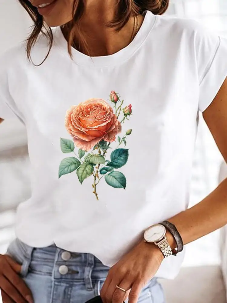 Camiseta de manga curta feminina, camisetas casuais femininas, roupas estampadas com flores, estilo doce, moda anos 90, camiseta gráfica para senhora, tendência de roupas