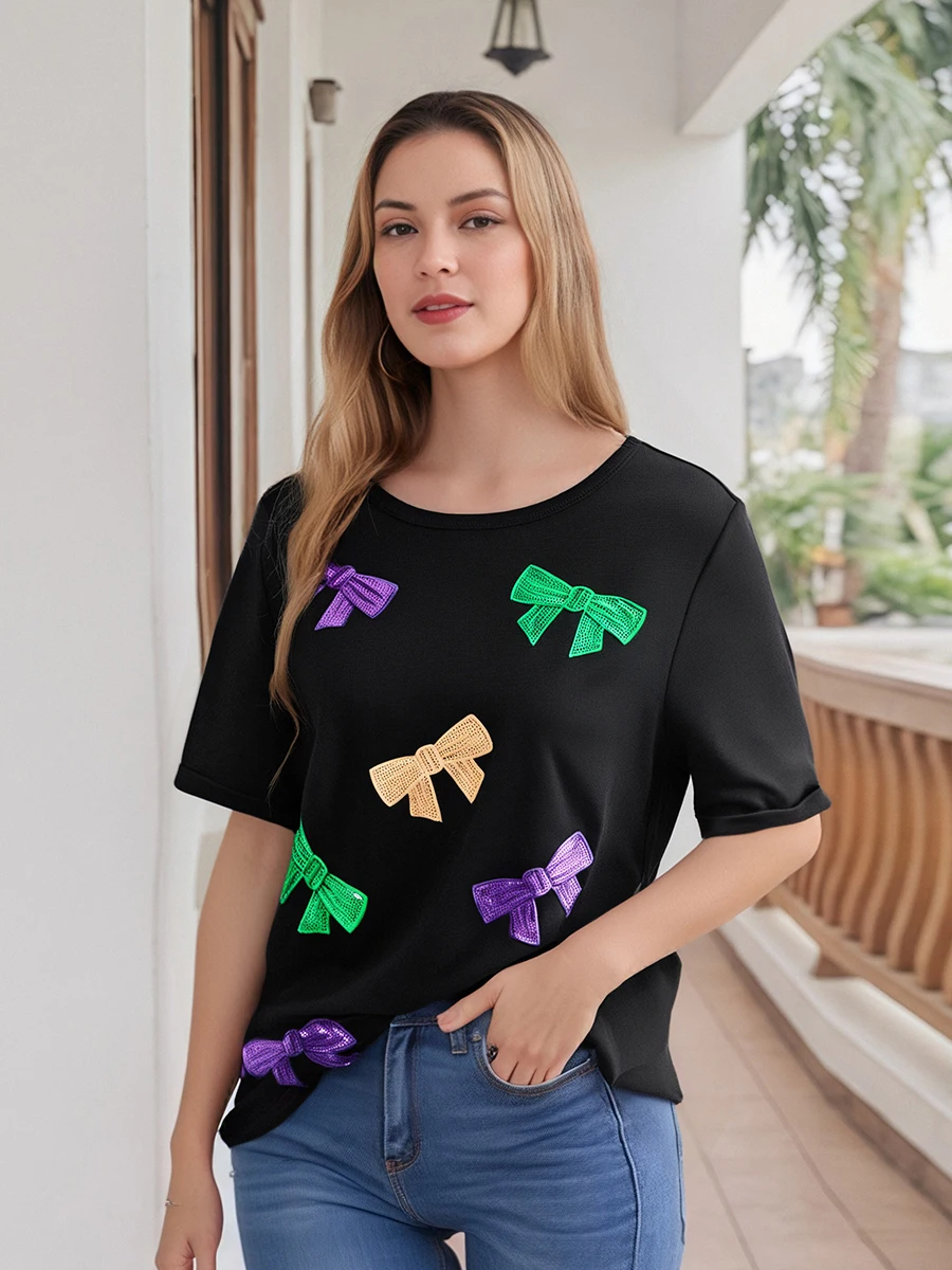 Camiseta informal de verano para mujer, camiseta holgada de manga corta con cuello redondo y lazo de lentejuelas