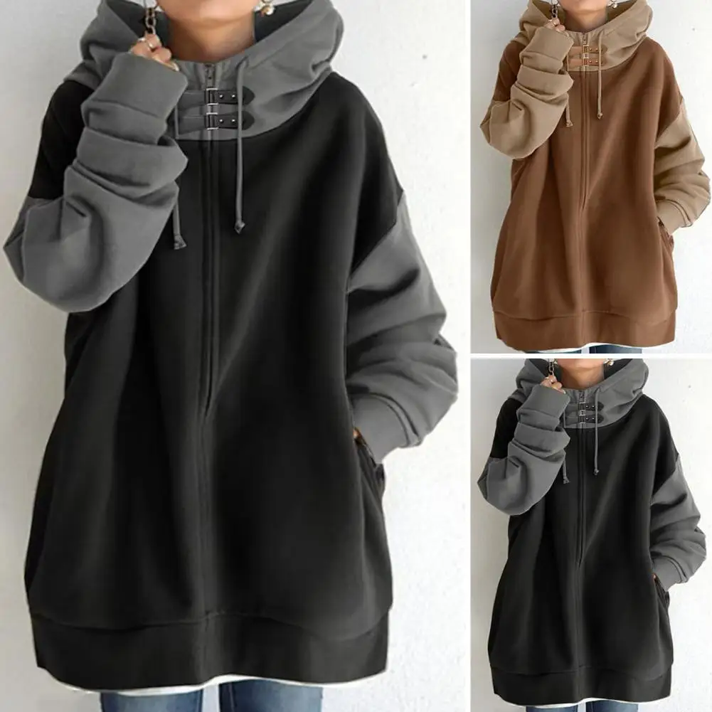 Women Hoodie Hidden Zip Hoodie Stylish Women\'s Hoodie Mid Length Loose Pullover with Pockets Drawstring Hood Hidden for Winter