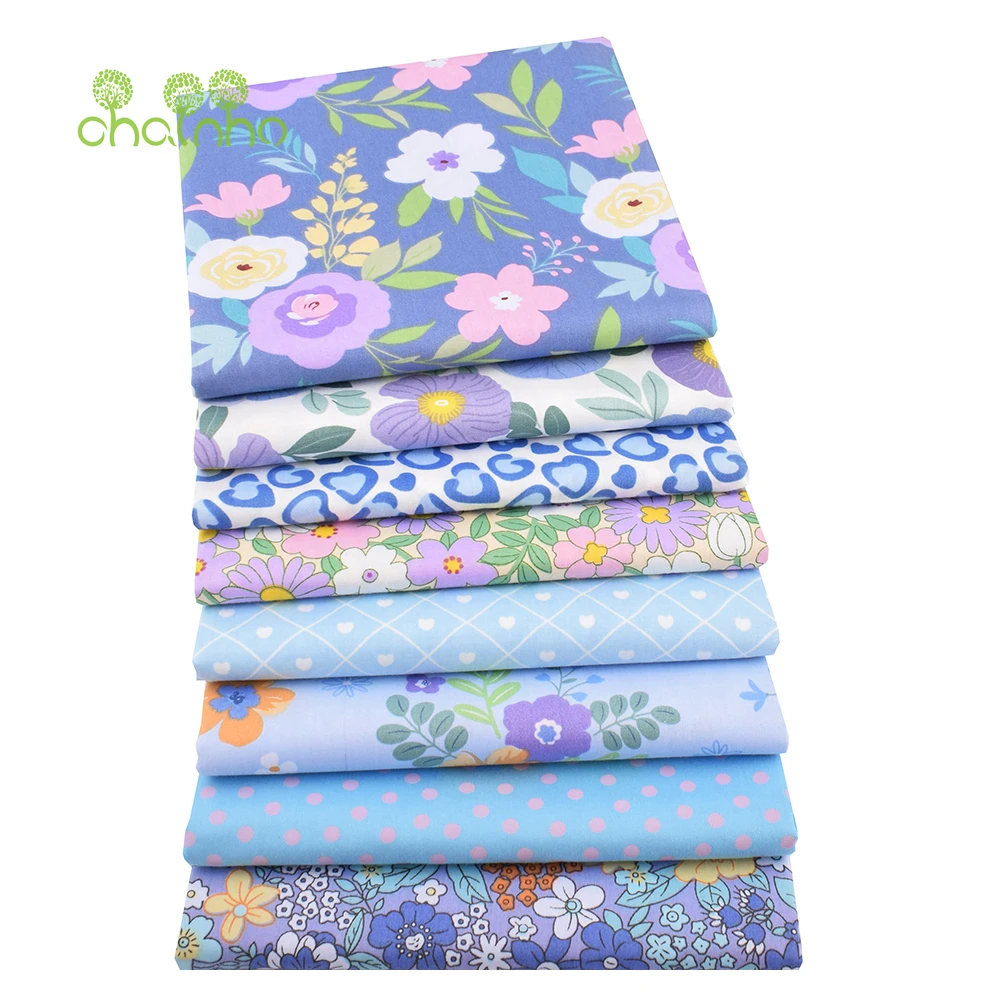 Chainho,Printed Twill Weave Cotton Fabric,Patchwork Cloth,DIY Sewing Quilting Material,Blue Flower Series,3 Specification,2C46