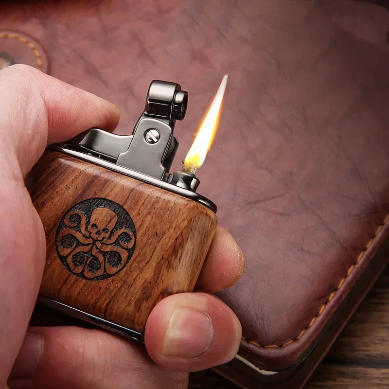 Classic Wooden Carved Kerosene Lighter, Retro Style Mechanical Push Ignition, Exquisite Gifts for Men, Cigarette Accessories