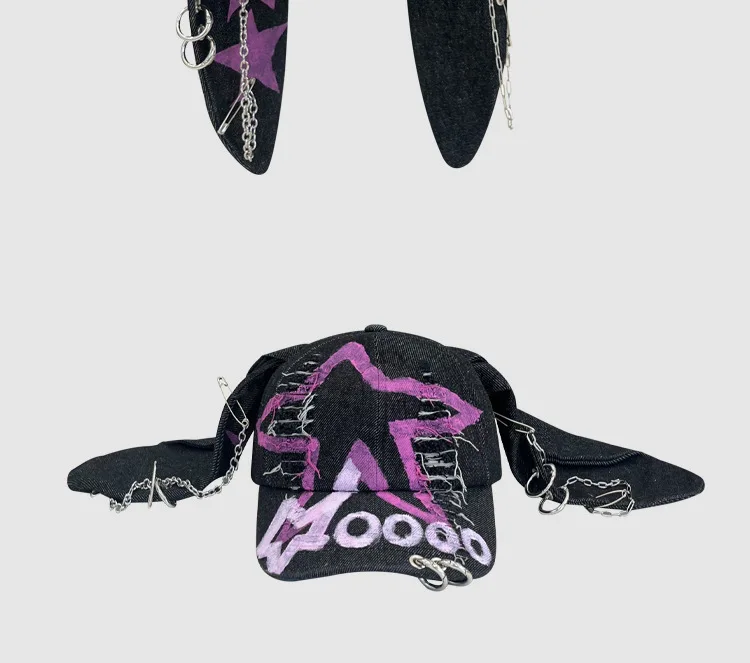 Rabbit Eared Cowboy Ripped Baseball Cap Dark Punk Hottie Photos Peaked Cap