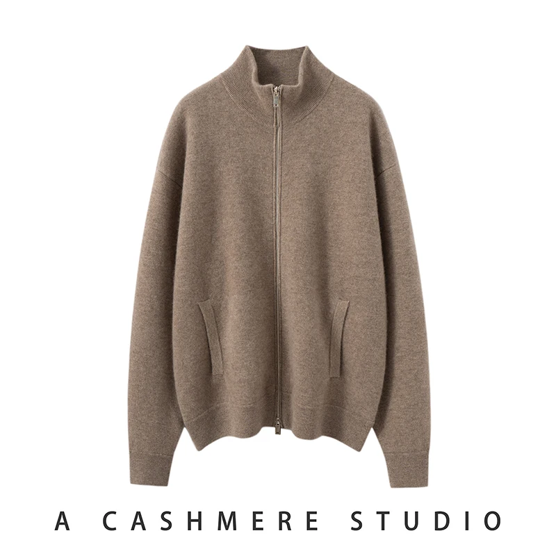New Chic Women's Zipper Cardigan 100% Goat Cashmere Sweater Mock-neck Thick Autumn Winter Soft Warm Korean Popular Coat Tops