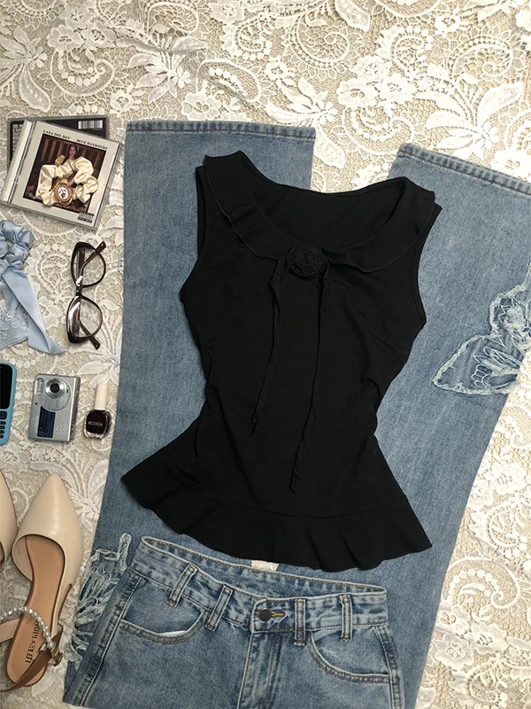 Cseta sin Mangas Vintage con Estampado de Rosas Neas para Mujer, Diseño con Volantes, Top Sensacional de Verano, Mezcla ...