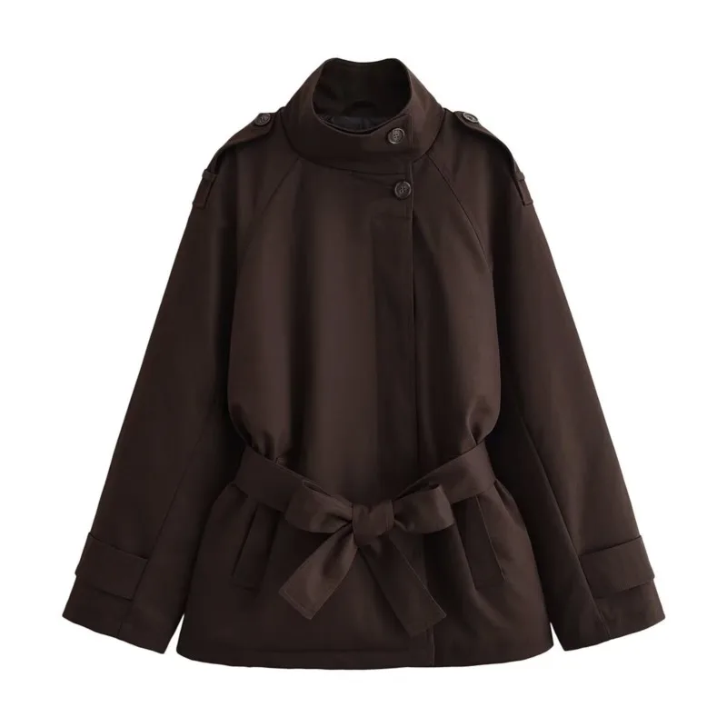 Women's Short Trench Jacket With Belted New 2026 Autumn Long Sleeve Shoulder Tabs Button Woman Winter Jacket Chic Female Coat