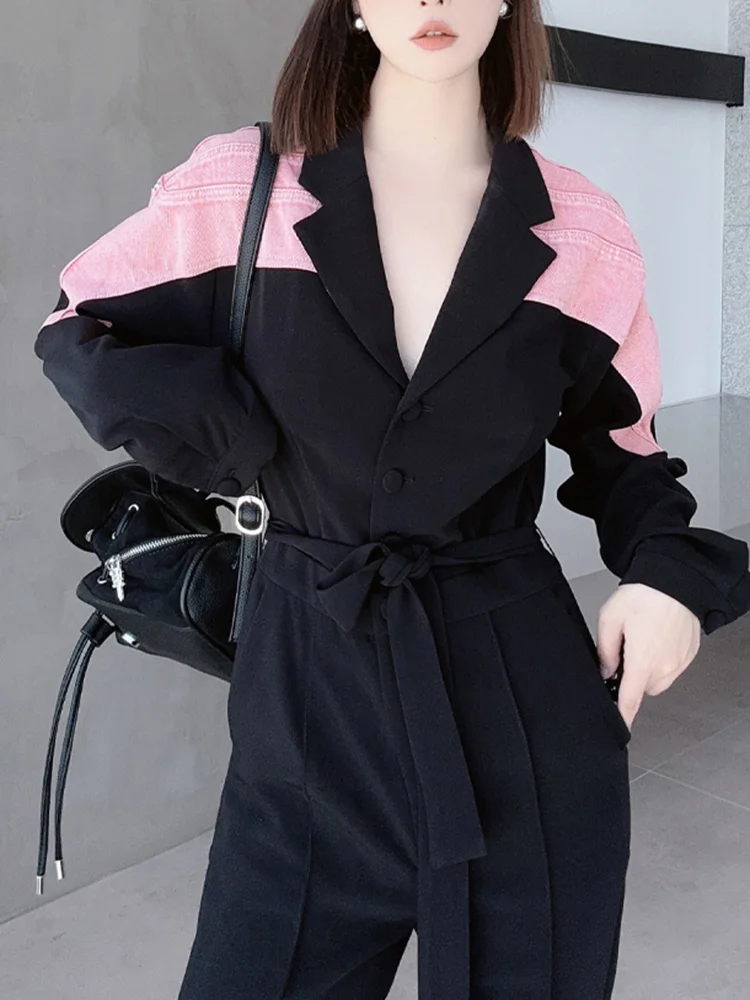 VGH Colorblock Denim Jumpsuits For Women Lapel Long Sleeve High Waist Split Spliced Lace Up Floor Length Jumpsuit Female Style