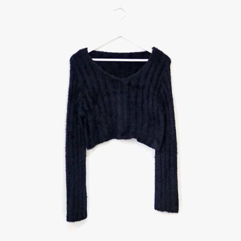 V-neck Short Knit Pullovers Women Fall Winter Korean Casual Loose Long-sleeved Sweater Tops 4 Colors