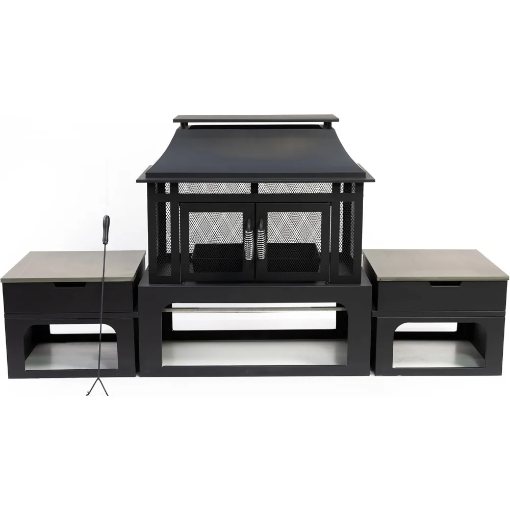 Large Outdoor Rectangular Steel Fireplace with Woodburning Feature, Side Tables, Log Storage, and Poker