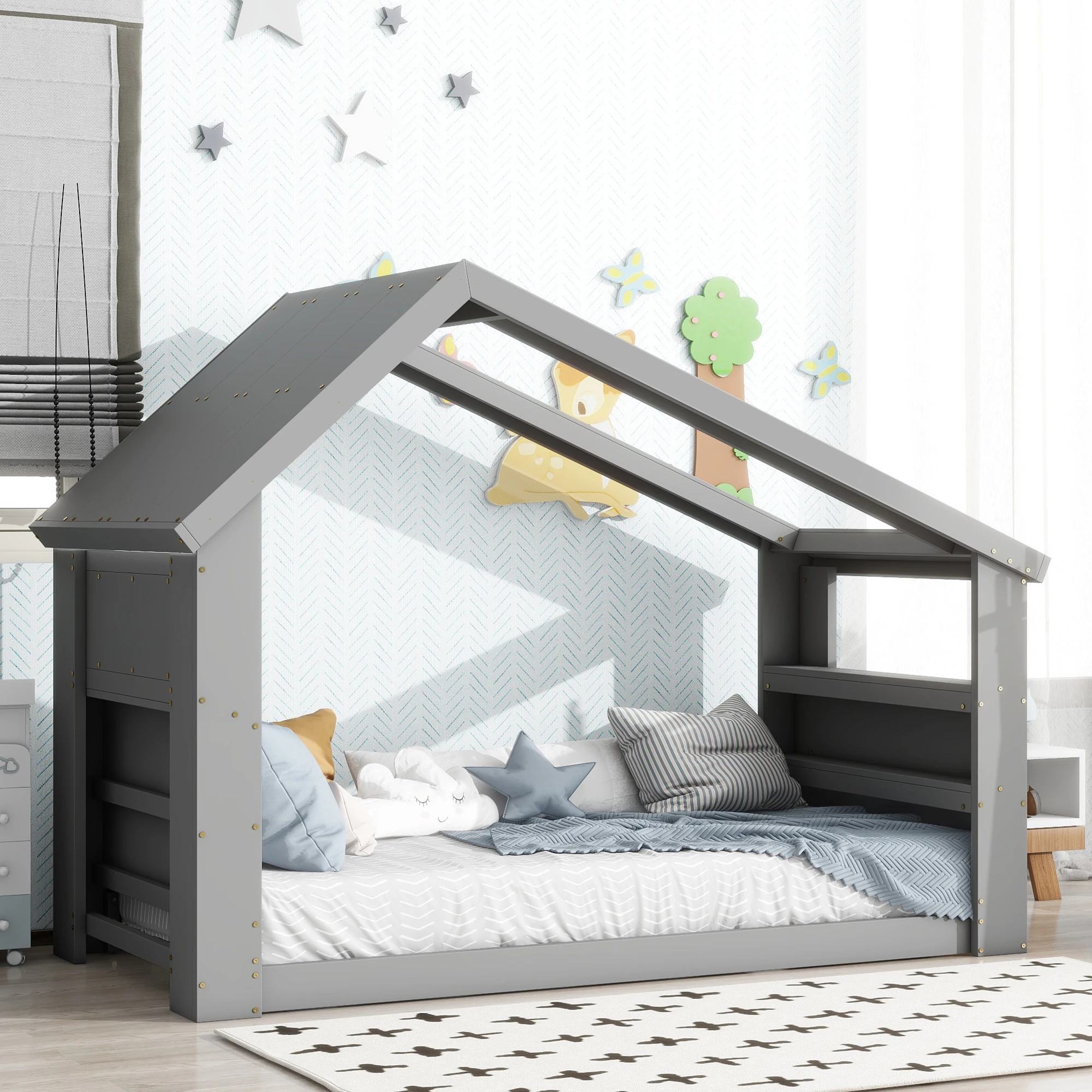 Lit double avec plateforme et échelle, gris, solution idéale pour gagner de l'espace, chambre d'enfant