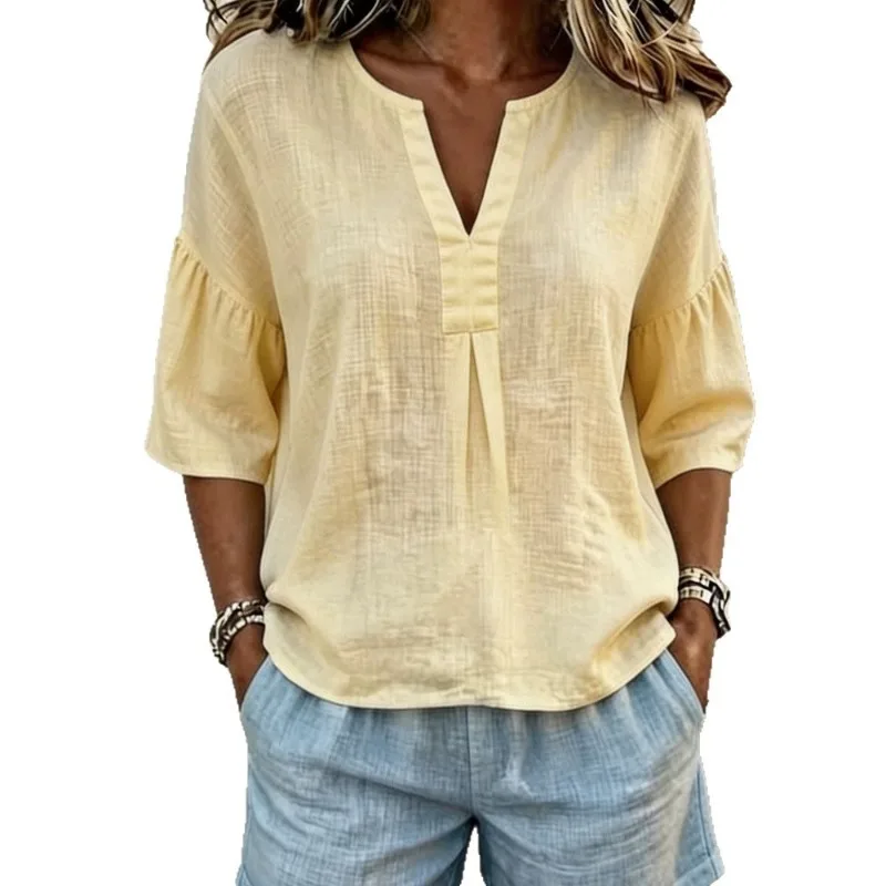 

Women's Solid V-neck Blouse Quarter-sleeve Casual Top for Ladies Boho Resort Breathable Pleated Casual Cotton and Linen Shirts