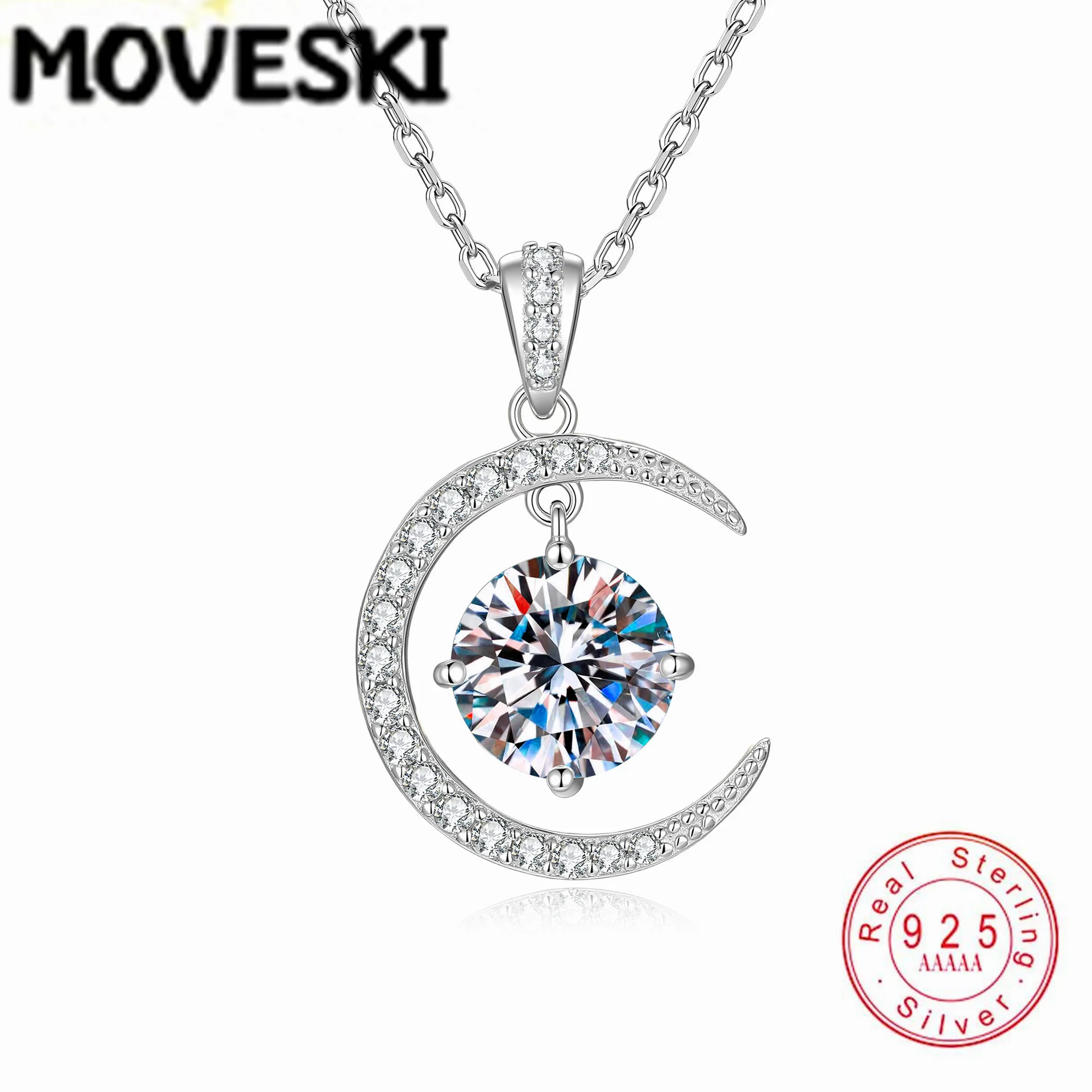 MOVESKI 925 Sterling Silver 2CT Moissanite Moon Pendant Necklace for Women Sparkling Chain Fine Jewelry