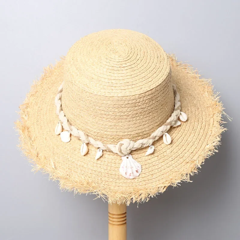 Summer 100% Raffia Straw Sun Hats with Shell Trim for Vacation Women Beach Hat Female Korean Travel Sun Protection Flat Hat