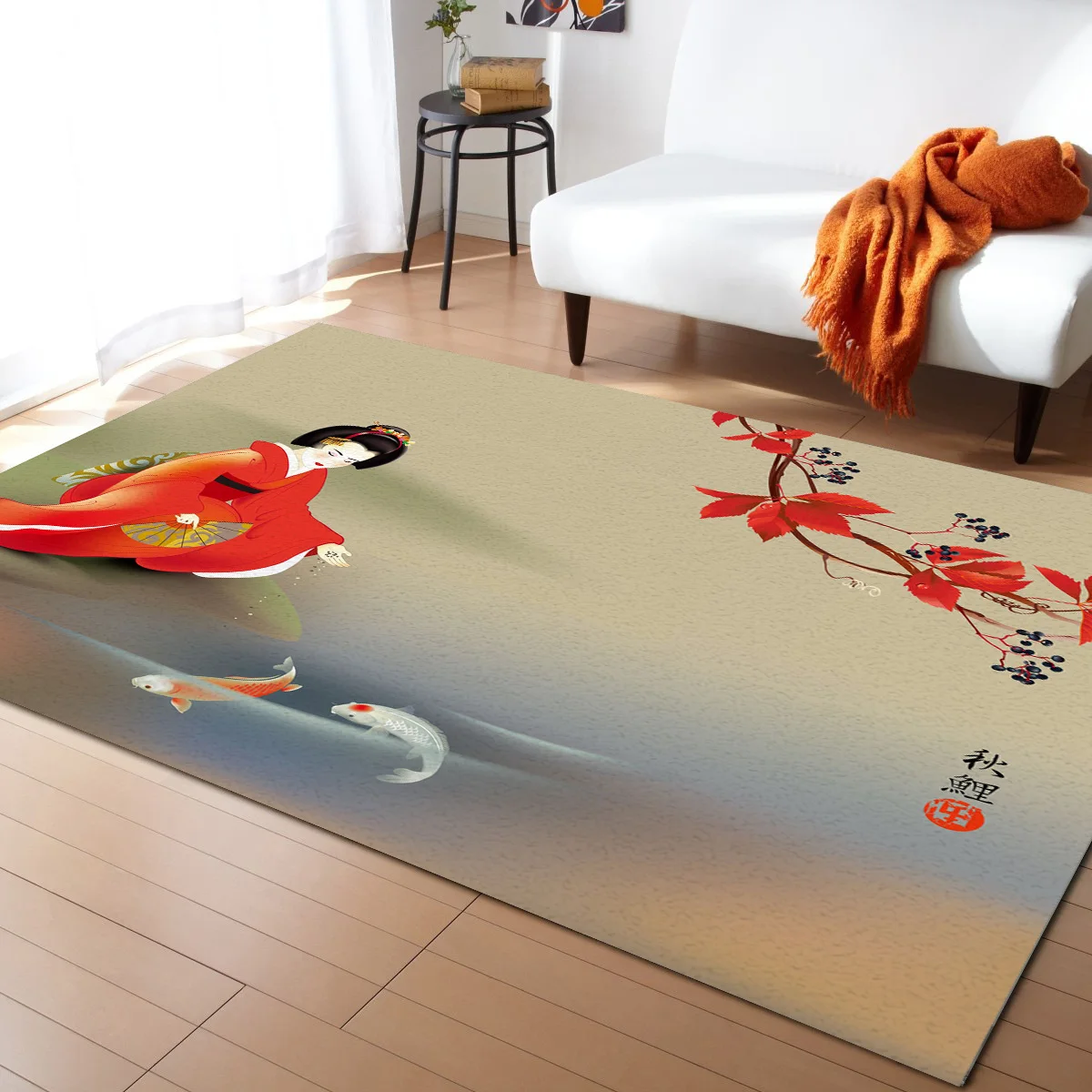 

Geisha Carp Maple Leaf Living Room Carpet Coffee Table Floor Mat Study Bedroom Bedside Home Decoration Large Rug Floor Mat