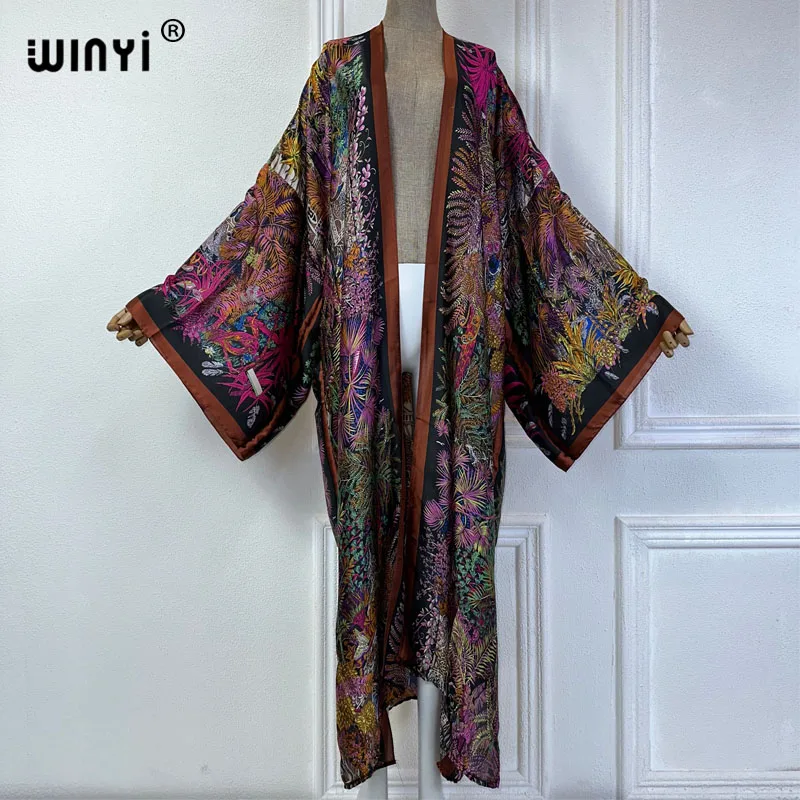 WINYI 2024 letnie kimono kostium kąpielowy z nadrukiem boho okrycie plażowe elegancka afrykańska sweter damski boho seksowna wakacyjna jedwabna