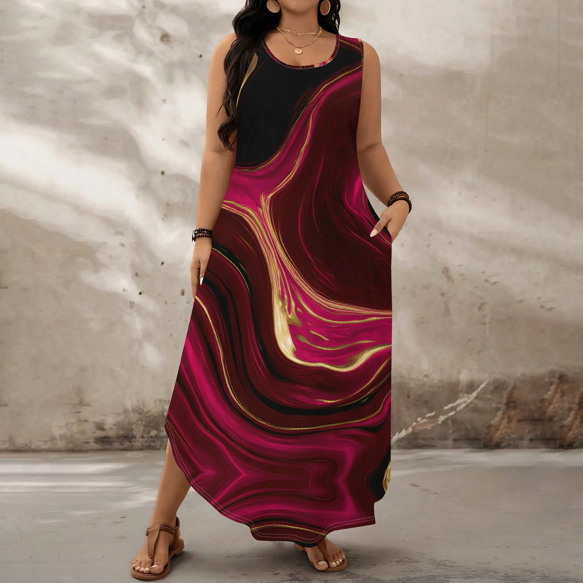 

Red Wine Marble Print Maxi Dress XL‑6XL Sleeveless Loose Fit Style with Pockets for Summer Brunch, Art Show or Elegant Look
