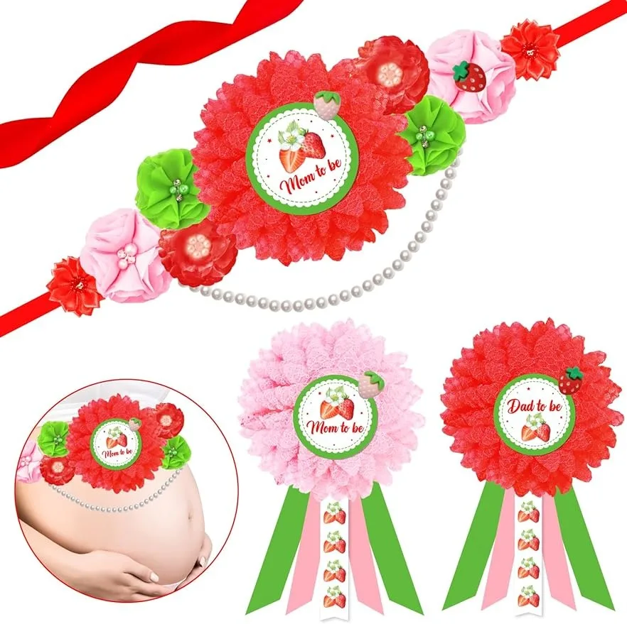 Funmemoir Strawberry Themed Baby Shower Corsage Belt Set,Pregnancy Sash Parents Baby Girl Party Supplies