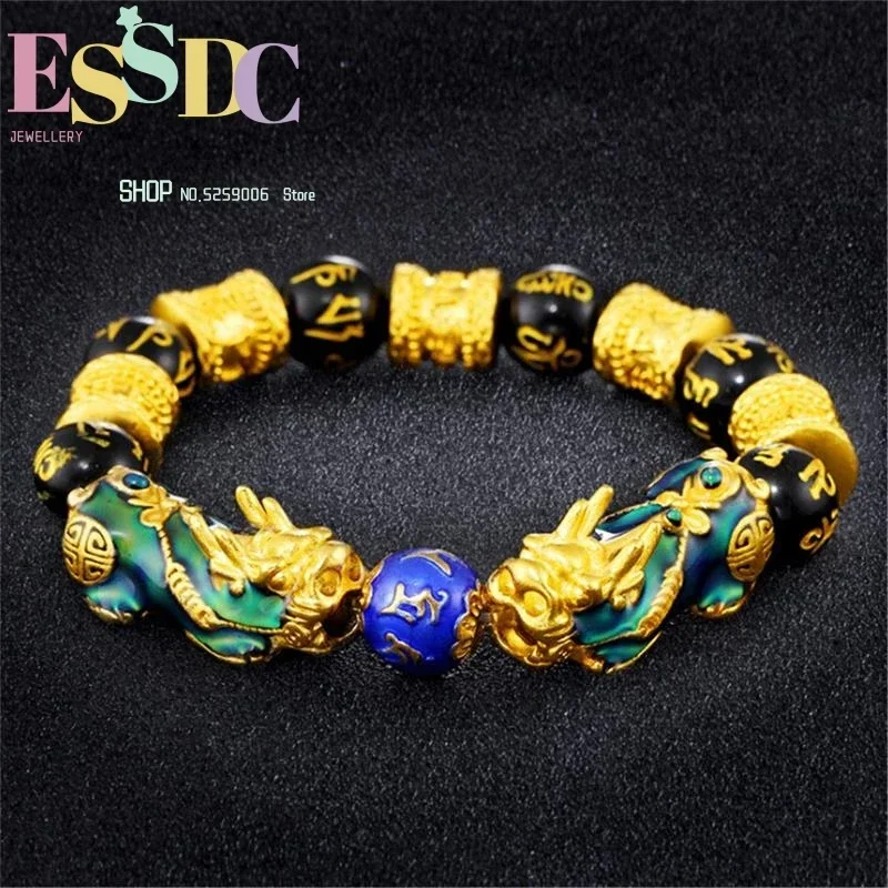 Vietnam Sand Gold Double Thermochromic PiXiu Charm Bracelet 12mm Natural Six Words Onyx Beads Fashion Men Jewelry Gift Dropship