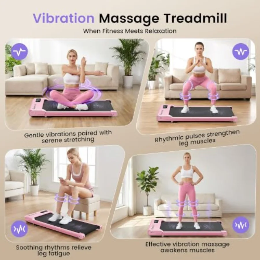 Pink Walking Pad with Vibration Plate, Under Desk Treadmill with Incline